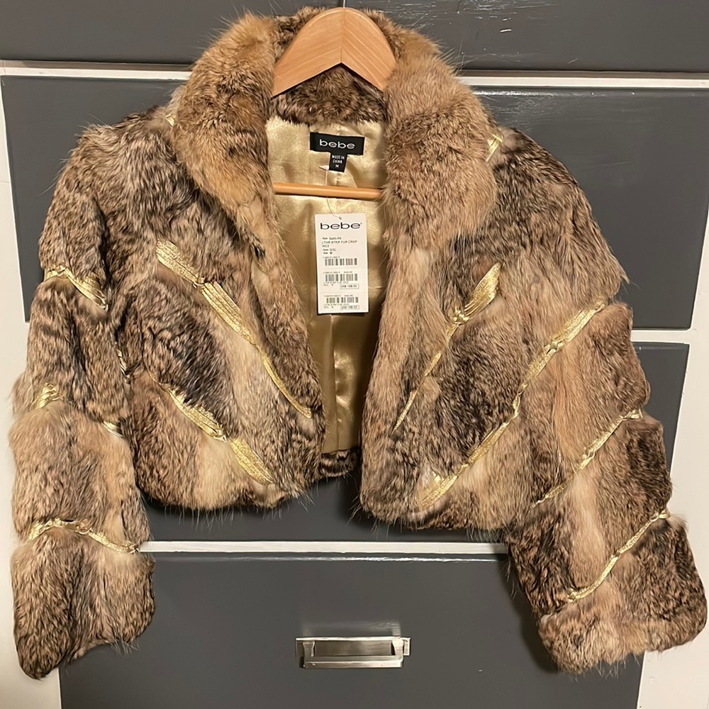 Bebe cropped fur coat with gold leather